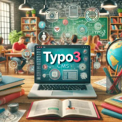 Modernes Bildungsszenario mit einem Laptop, auf dessen Bildschirm deutlich das TYPO3 CMS-Interface und der Schriftzug 'TYPO3' zu sehen sind, umgeben von Schulbüchern, einer Tafel und einer kollaborativen Lernumgebung.