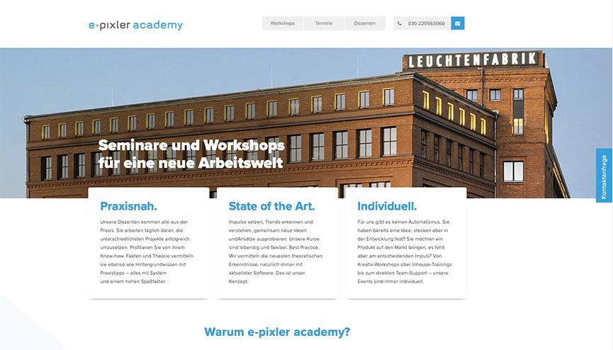 Startseite der e-pixler academy mit dem Bild eines historischen Backsteingebäudes und Informationen zu Seminaren und Workshops für eine neue Arbeitswelt.